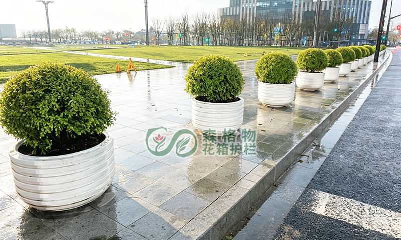 湖北花箱案例：上海浦东道路景观提升 不锈钢圆形树池花钵项目案例